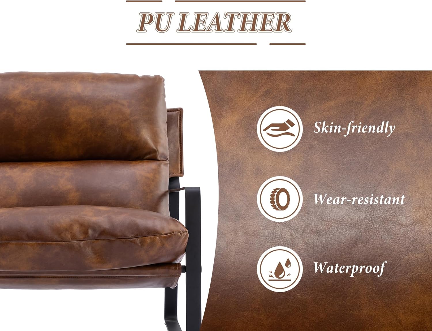 Sessel Wohnzimmer Lesesessel mit Armlehnen moderner Loungesessel mit Metallgestell,Kunstleder, Braun