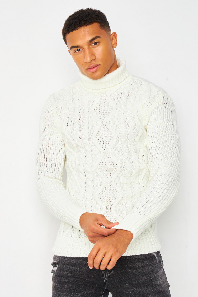 Pull blanc col roulé en maille torsadée
