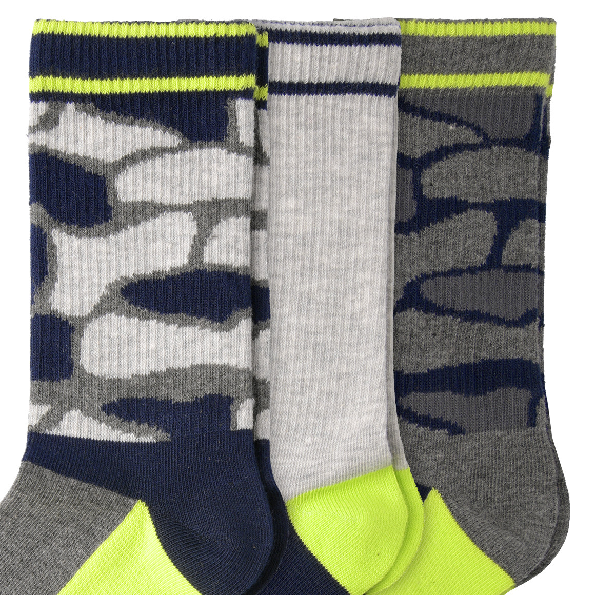 Yigga 3 Paar Jungen Socken in Camouflage-Optik dunkelgrau / hellgrau / neongrün
