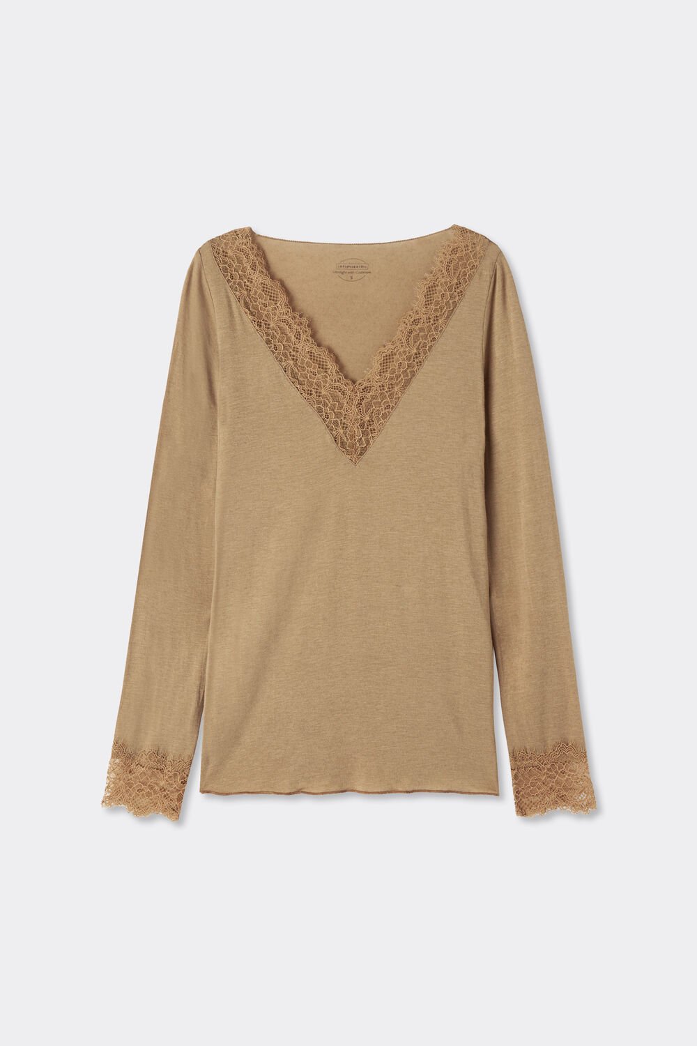 Camisa de manga comprida ultraleve em cashmere com detalhes em renda.