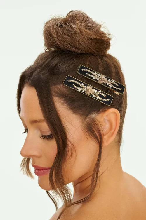 Powder Jewelled haarclips in houtskool en donkergroen
