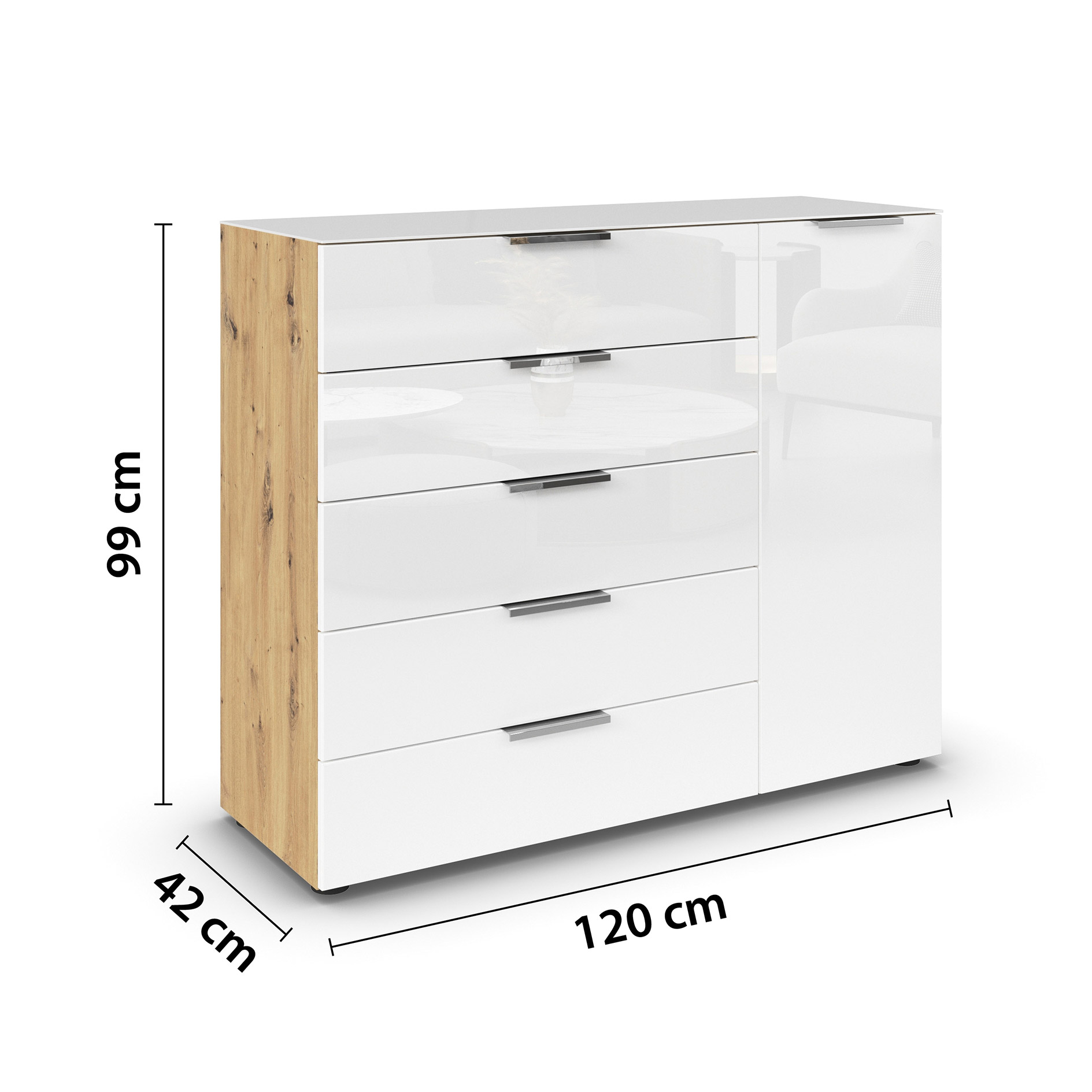 Kommode - Artisan Eiche - Kristallweißglas - Chromgriffe - 120 cm