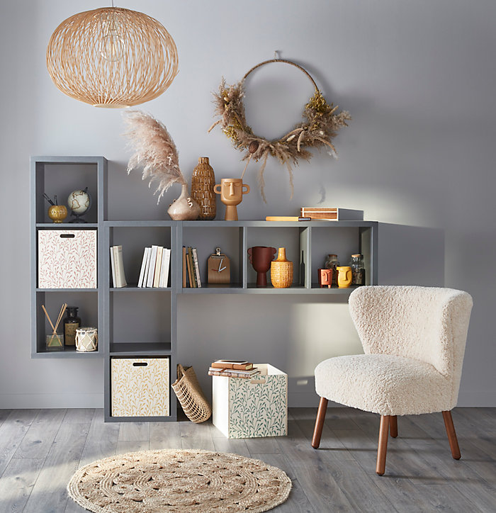 Boîte de rangement carrée en bois motif feuillage jaune