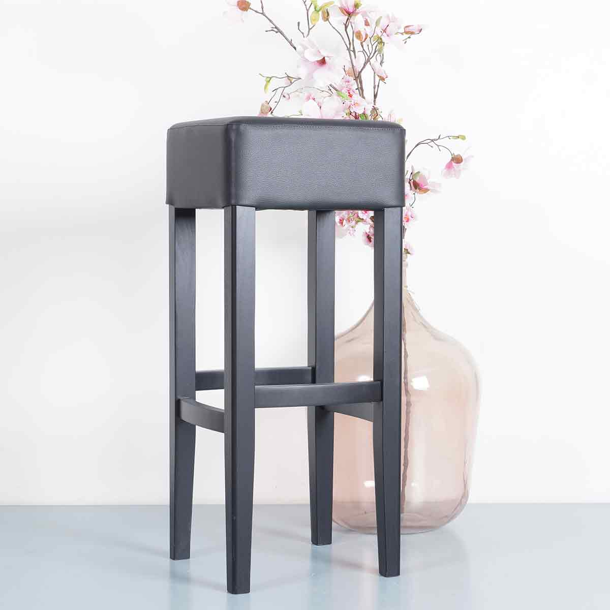 Houten barkruk Alexander zwart met leren zitting - 80 cm