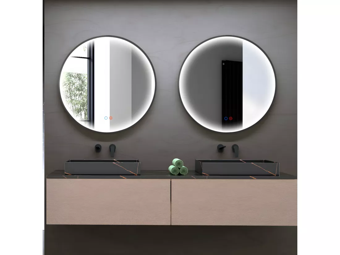 Miroir Salle de Bains Lumineux NÉPAL Anti-Buée et Éclairage Périmétral Triled Tactile On/Off Ø60 Noir Mat LEDIMEX by SANIZÉO