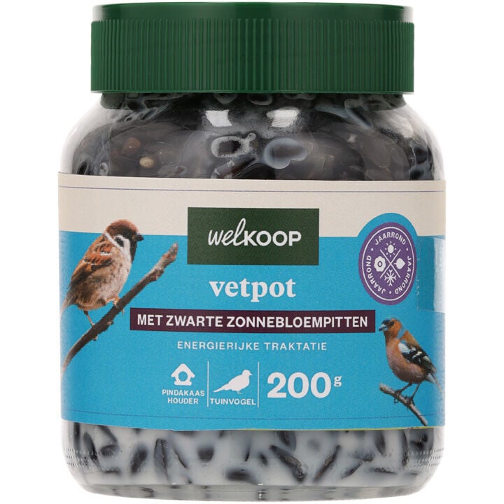 Welkoop - Vetpot  met Zwarte Zonnebloempitten -Tuinvogelvoer - 200 Gram