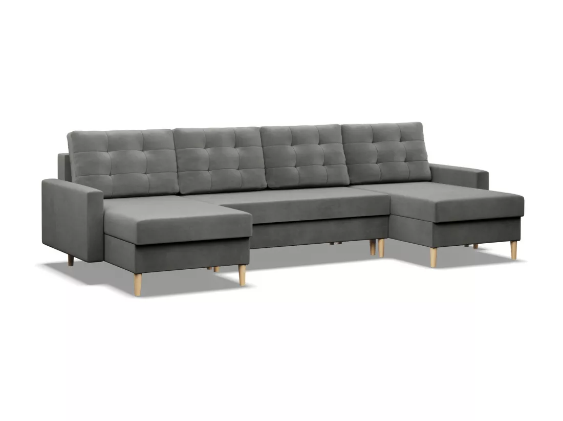 Grand Canapé d'angle en U avec fonction sommeil, Coussin réversible, Gris clair