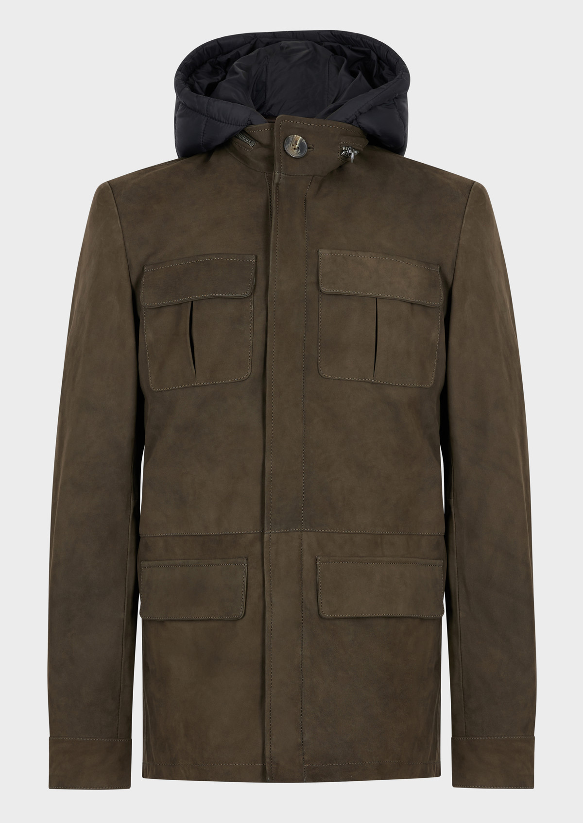Parka en cuir nubuck uni kaki à capuche amovible