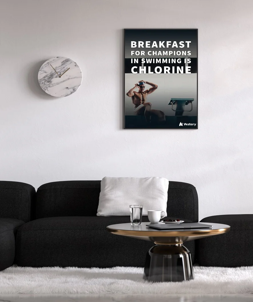 Watery svømmeplakat - Breakfast for champions in swimming is chlorine