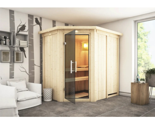 Karibu Carina modulaire sauna zonder oven, met dakrand en grafietkleurige volledig glazen deur