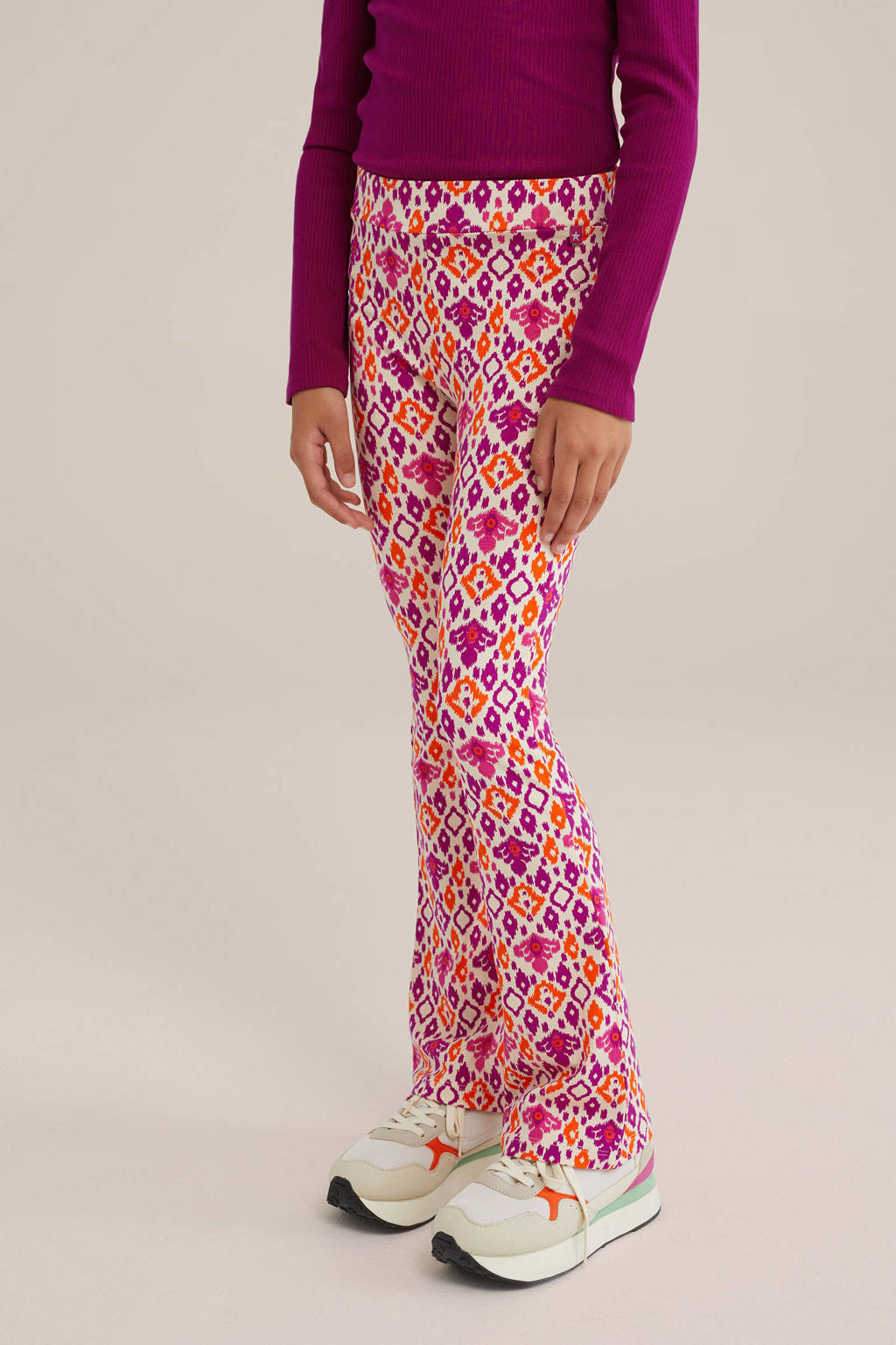 WE Fashion broek met all over print wit/paars/rood