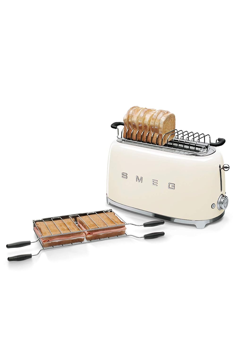 Smeg, 2x4 TSF02CREU -Toaster, 2 Schlitze für 4 Scheiben, 6 Vergoldungsniveaus, Heizfunktion, Abtau- und Bagel- Funktion, Sammelschublade, 1500W, Creme