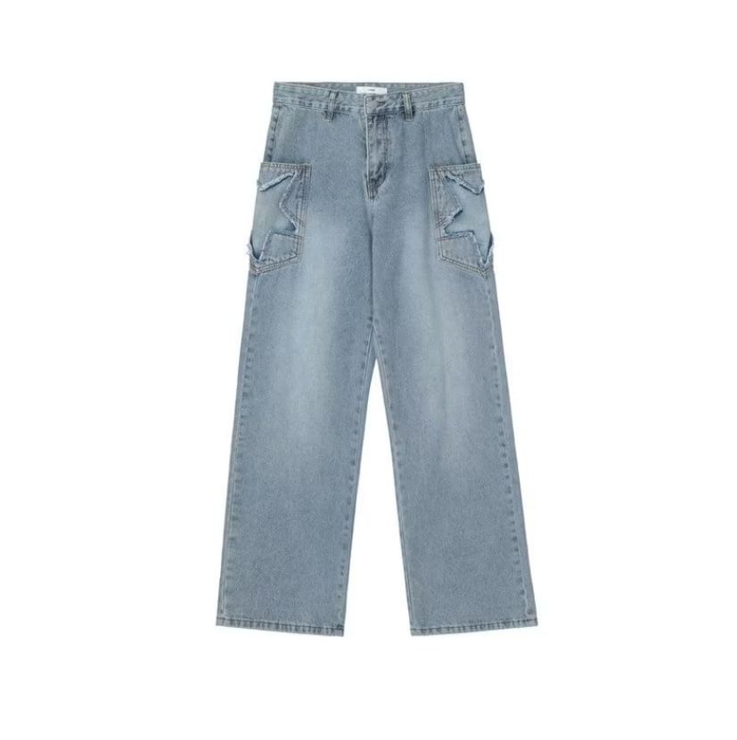 Rosesand - Lage taille sterrenapplicatie gewassen losse wijde jeans