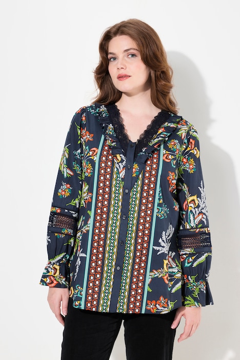 Bluse, Spitze, Rüschen, V-Ausschnitt, Langarm
