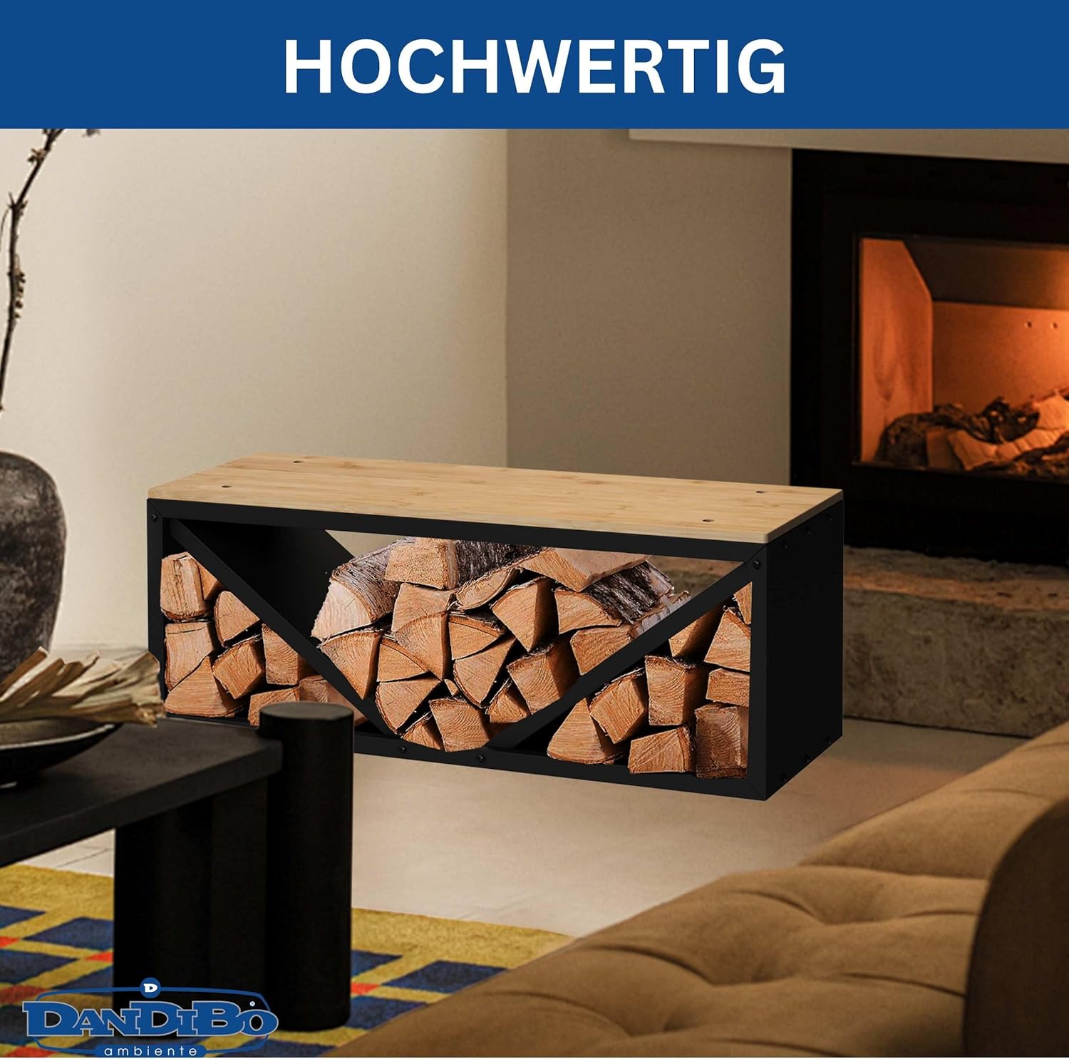 DanDiBo Kaminholzregal Innen mit Sitzbank Bank Metall Schwarz 96602 Brennholzregal Holzaufbewahrung Kaminholzständer Feuerholzregal