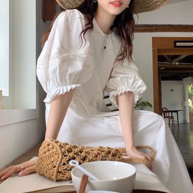 Inchioh - Maxi-zomerjurk met pofmouwen, ronde hals en effen kant