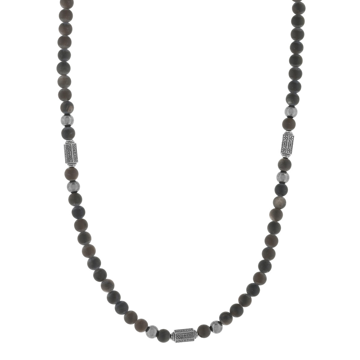 Collier perles obsidiennes noires et perles argent 48cm