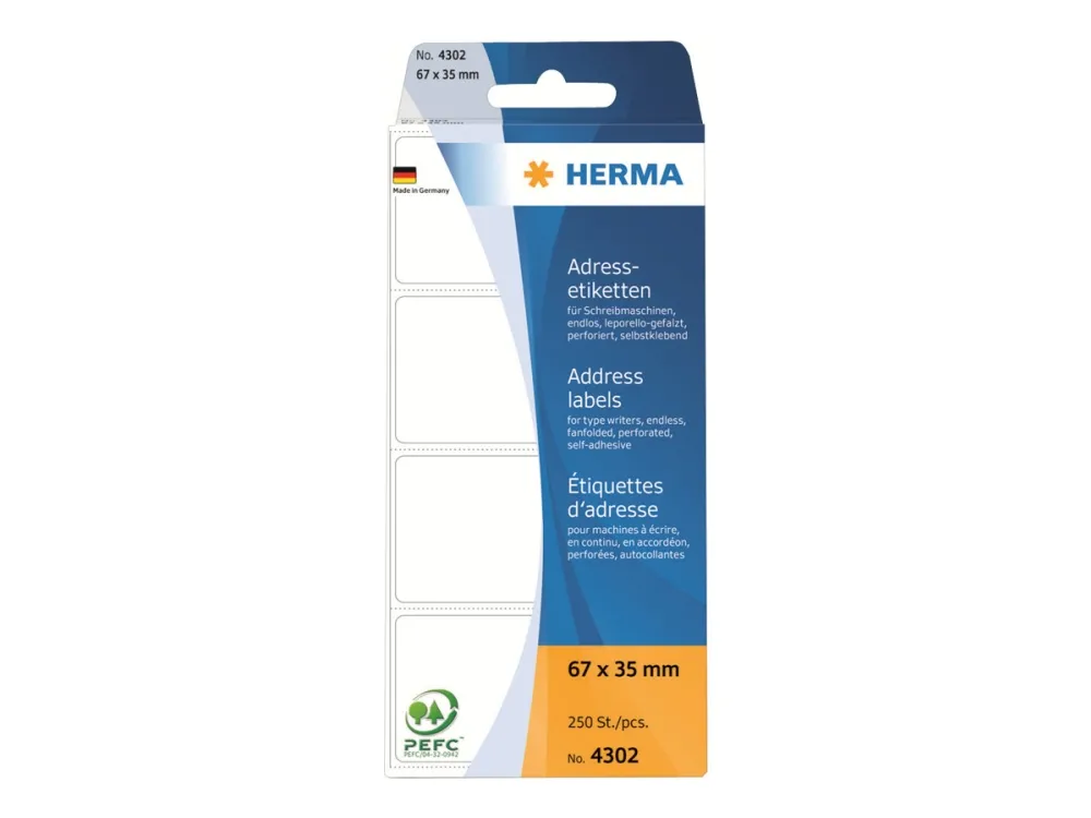 HERMA - Klæbemiddel - perforeret - hvid - 67 x 35 mm 250 stk. adresse-fanfold-mærkater