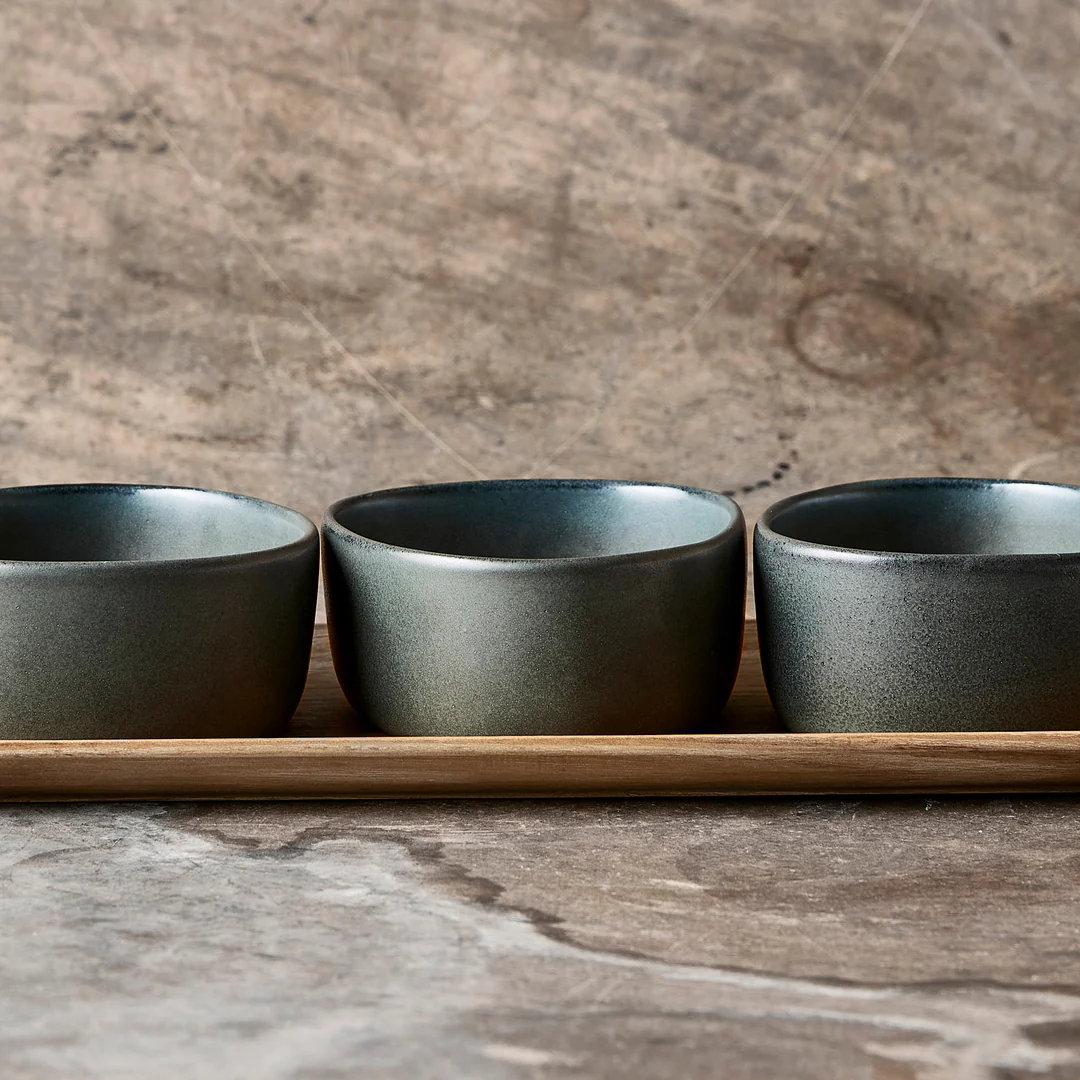 RAW  Organic skåle m/teakbakke, Northern Green - 3 stk,