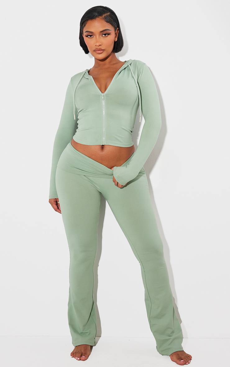 Vert Sauge Pantalon Évasé Taille Haute Sculptant À Rabat Shape Stretch