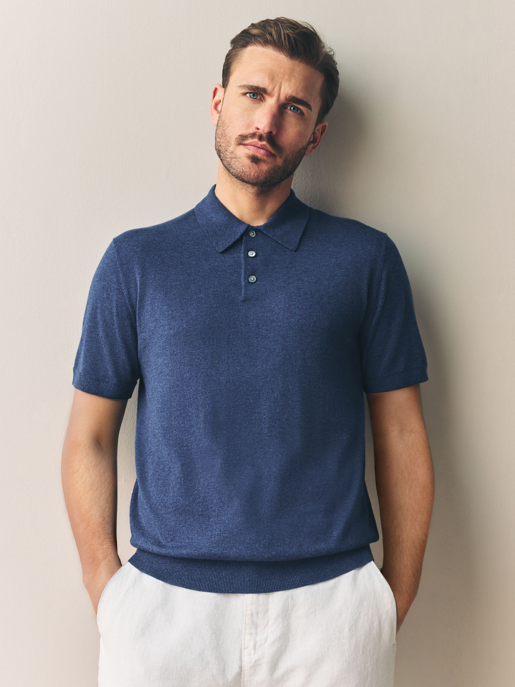 Donkerblauw - Regular Fit Signature Short Sleeve Knit Polo with Cashmere Wool