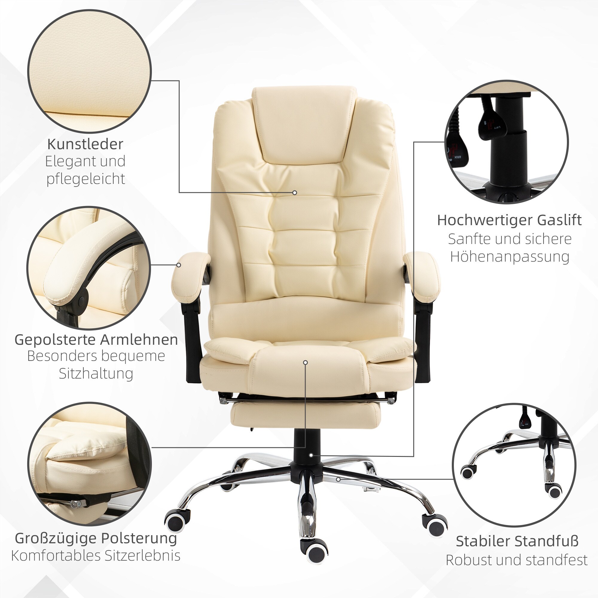 HOMCOM Bürostuhl mit Fußstütze und gepolsterter Armlehnen weiß 64,5L x 69B x 109-117H cm