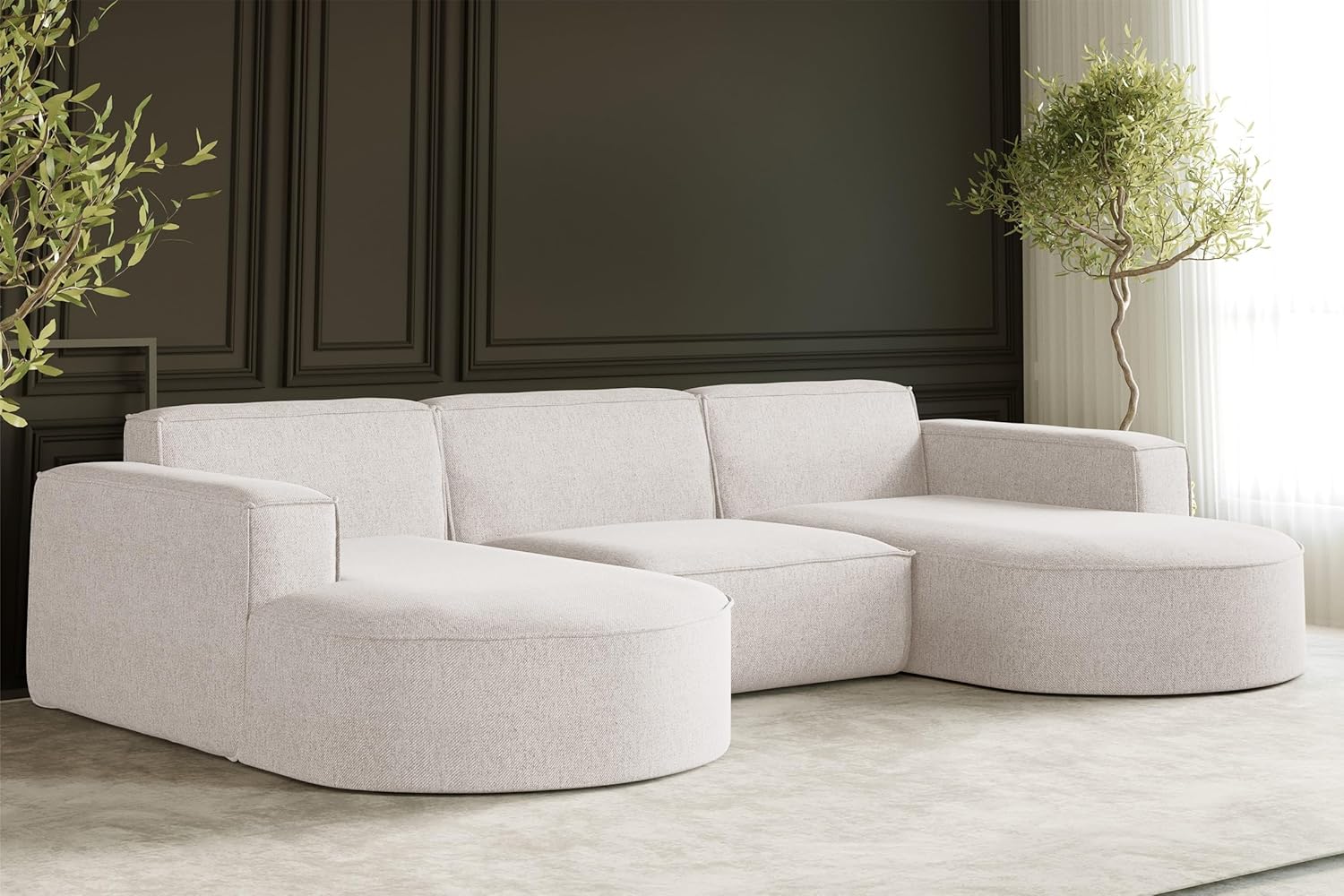 Kaiser Möbel - Ecksofa mit Wohnlandschaft, Sofa U-Form, Polstersofa, Bequemes Couch mit Ottomanen für Wohnzimmer, Relaxsofa, Bigsofa, Lounge-Set U Form, Verita Stoff, Modena U Studio, Ecru