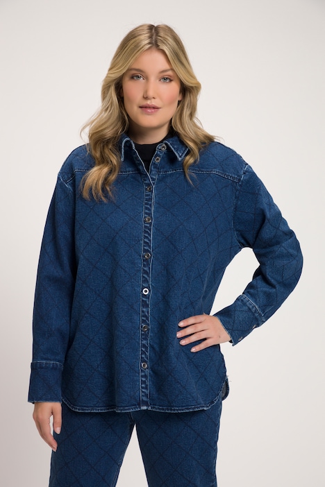 Jeansbluse, Diamant-Stepp, Oversized, Hemdkragen, Langarm