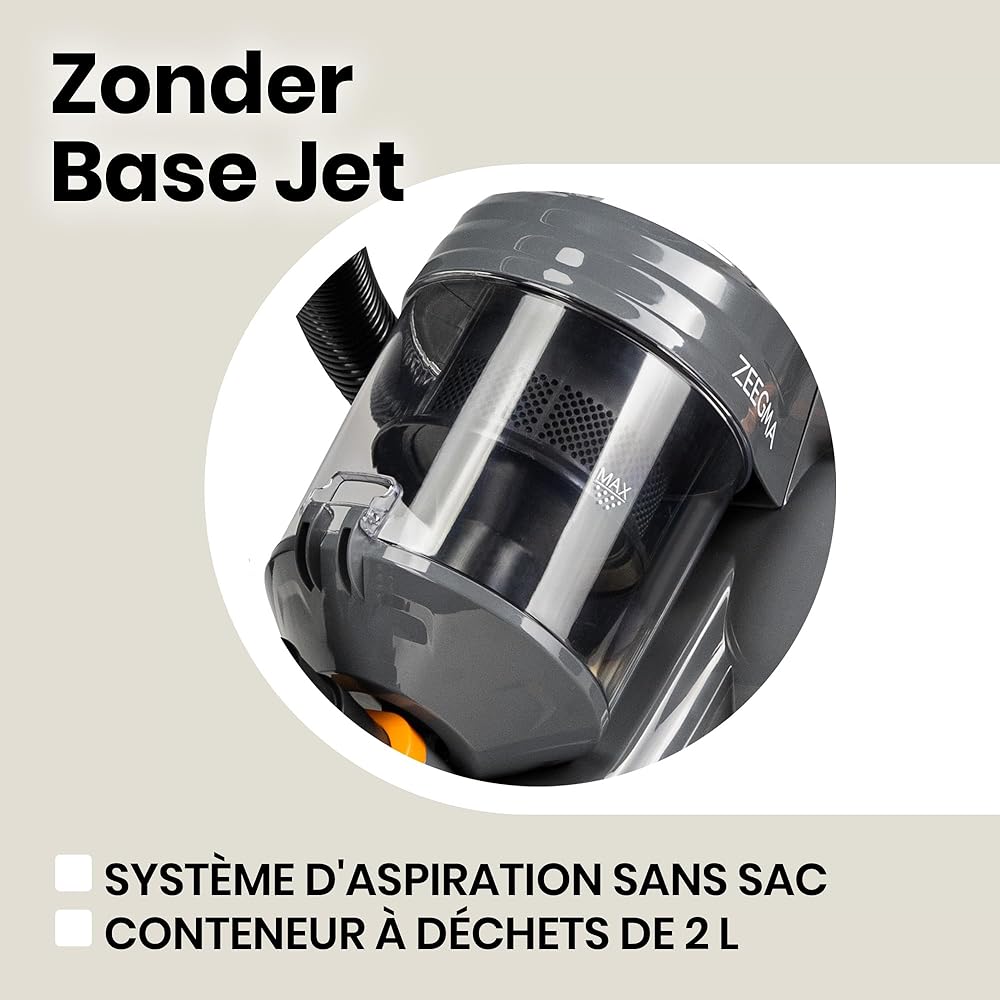 Zeegma Zonder Base Jet aspirateur sans Sac, 899 W Technologie Cyclone Puissance de Performance collecteur de poussière 2L Brosse Turbo 2 filtres HEPA Accessoires, Noir : Cuisine et Maison