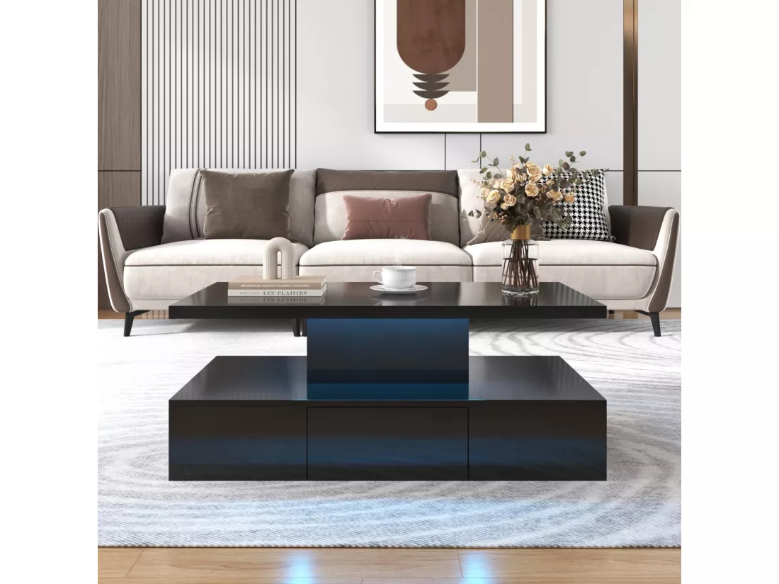 Table basse rectangulaire avec 1 tiroir et LED, 2 niveaux de stockage, 100x50x39cm, Noir