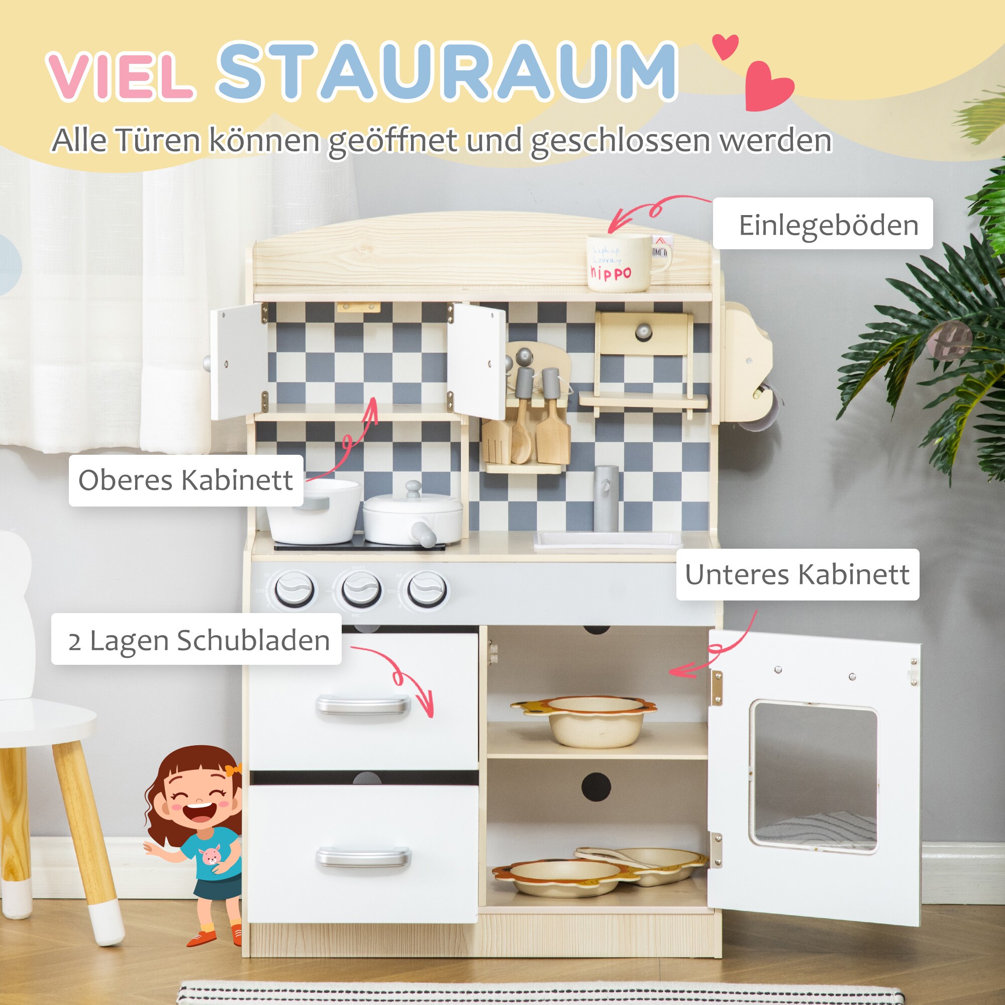 HOMCOM Kinderküchen mit Kochgeschirrzubehör bunt 54.5L x 29B x 80H cm