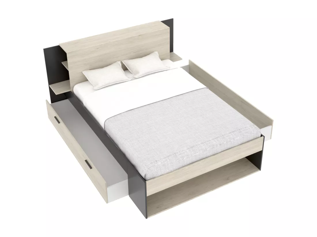 Lit 140 x 190 cm avec rangements - Coloris : Naturel et noir - KEROSIA