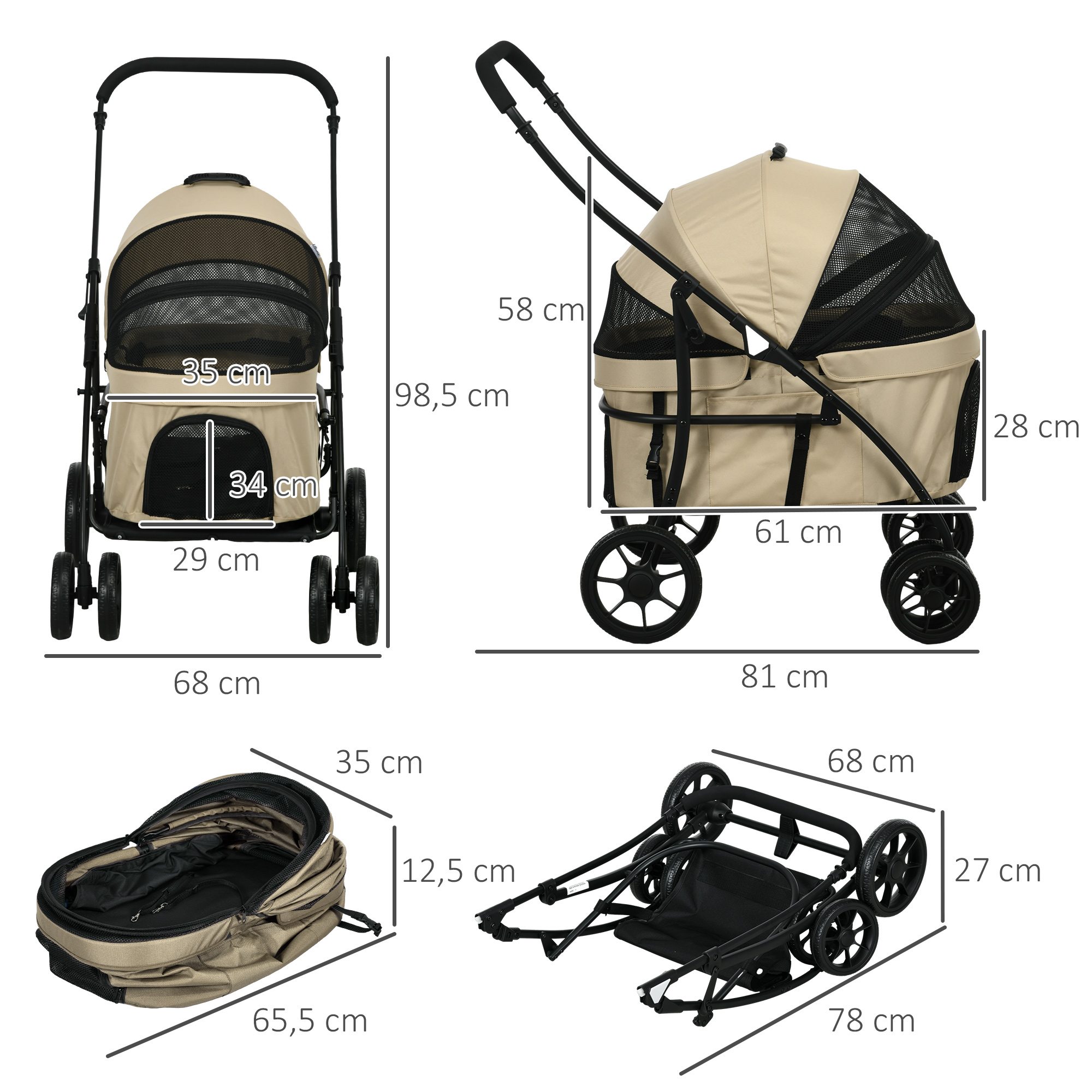 Carrinho para cães PawHut 2 em 1, dobrável, com 2 cintos de segurança, almofada e estrutura de aço, cor cáqui.