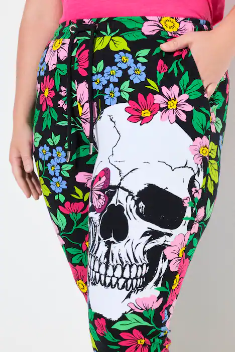 Joggpants, gerades Bein, Blumen/Totenköpfe, schwarz