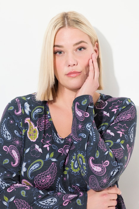 Longshirt, Blüten, A-Linie, V-Ausschnitt, Langarm