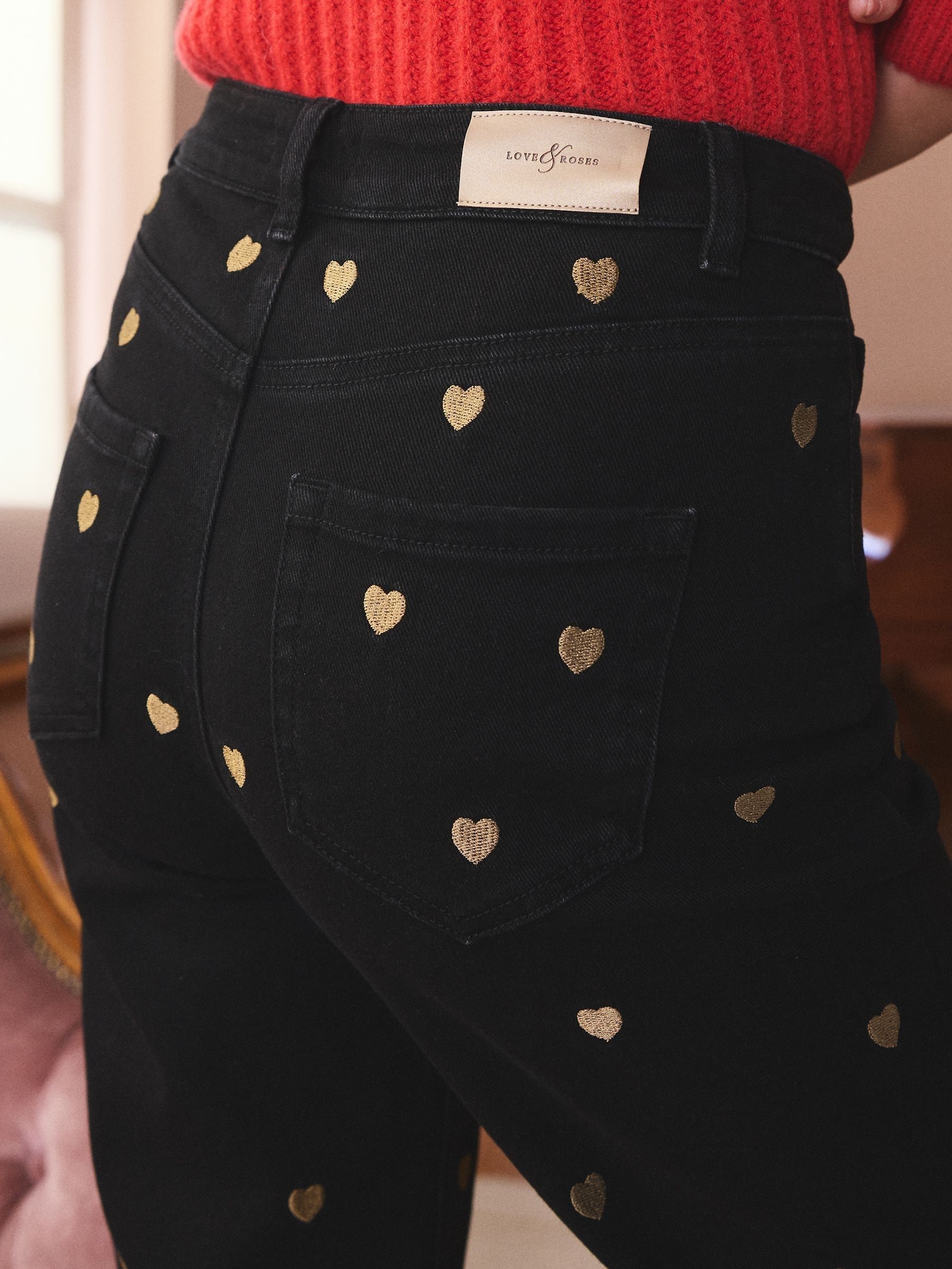Zwart & Goud Geborduurd Hart - Love & Roses cropped jeans met wijde pijpen