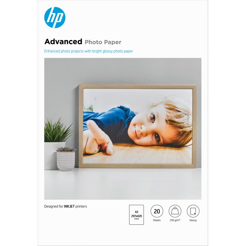 HP Papier photo Advanced, brillant, 250 g/m2, A3 (297 x 420 mm), 20 feuilles