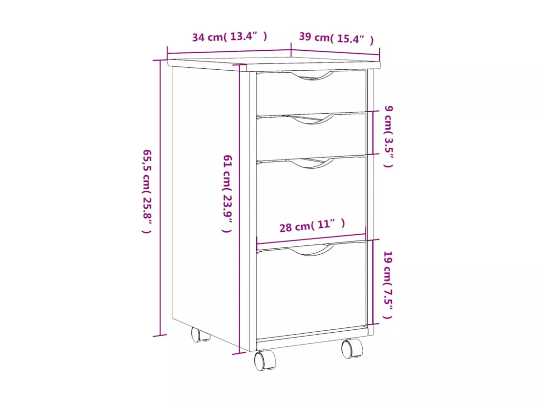 Armoire roulante avec tiroirs MOSS gris bois de pin solide