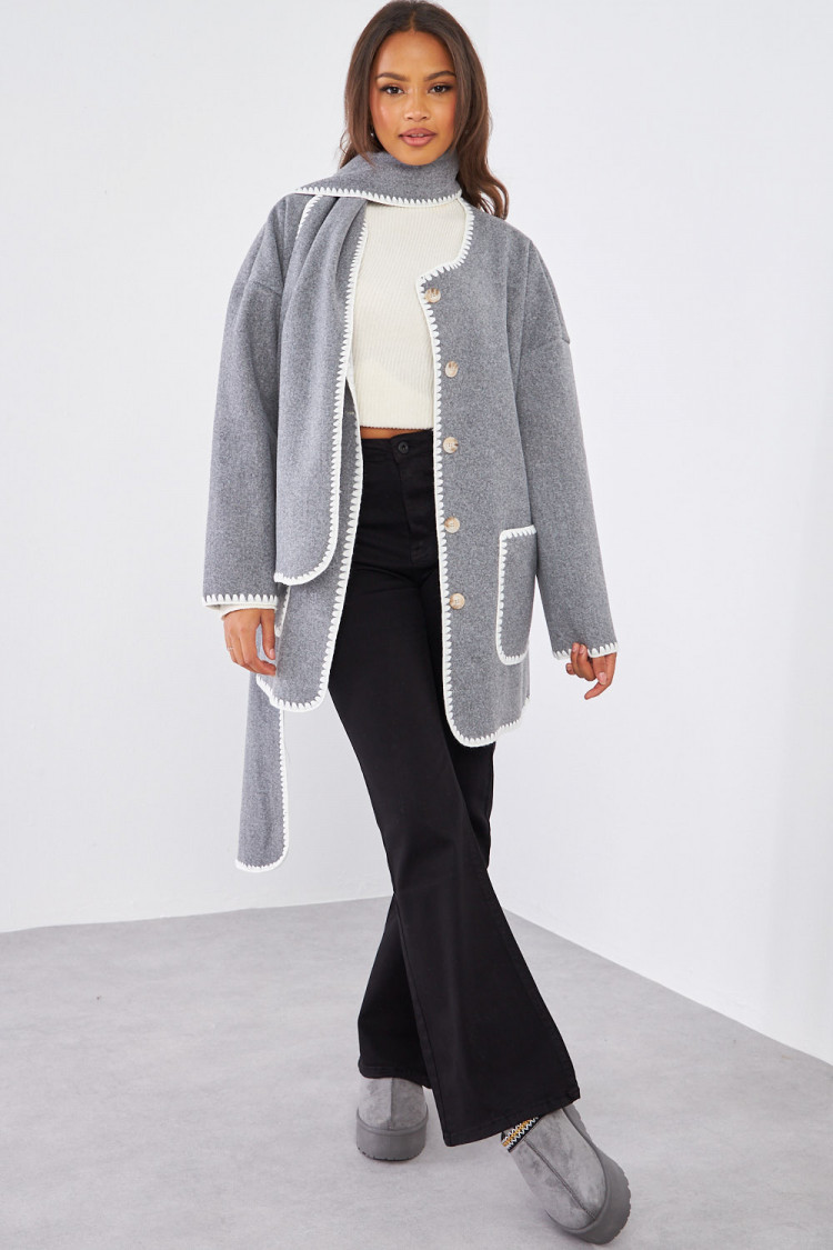 Ensemble 2 pièces veste + écharpe grise à couture en relief