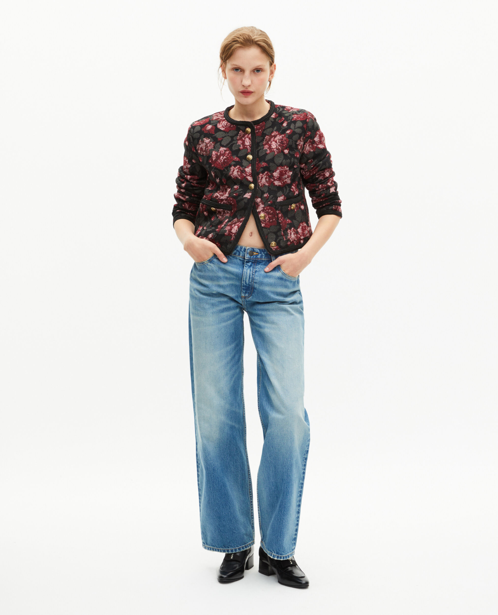 Veste en jacquard roses bordeaux