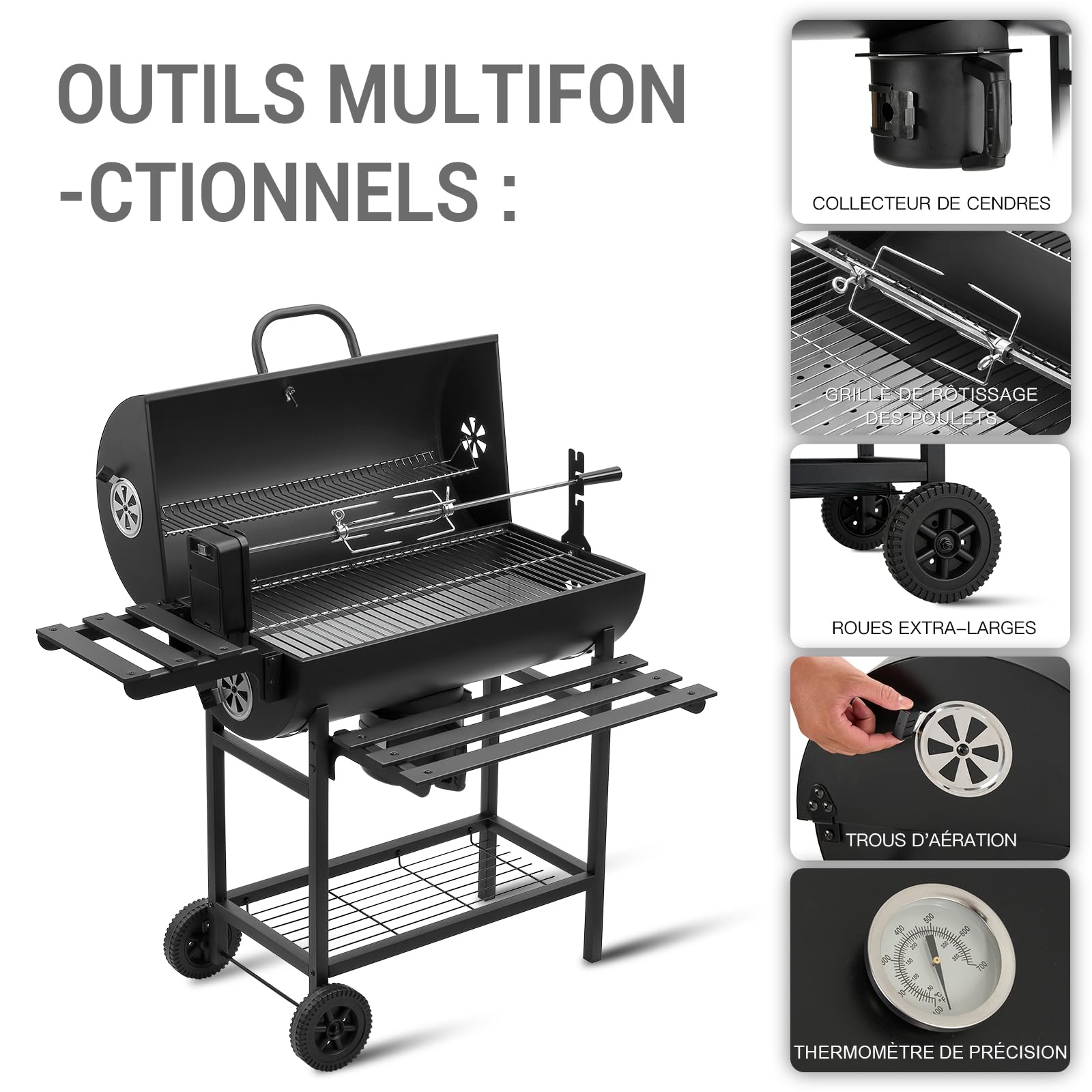 TEENO Barbecue Charbon de Bois,avec Grille de Cuisson XXL,Gants Anti-BrûLures, ThermomèTre,Tiroir à Cendres, éVent RéGlable,Grand Barbecue au Charbon de Bois(Upgraded (with Chicken Grill))