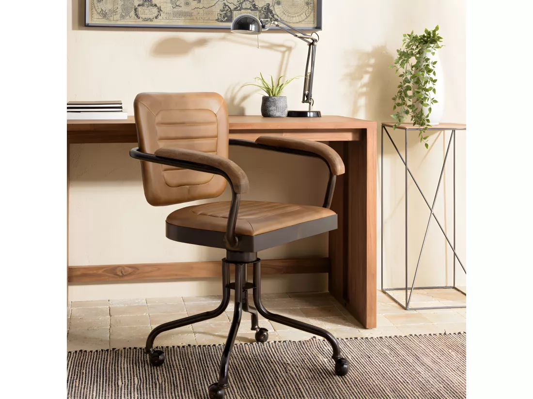 MARCEL - Fauteuil roulettes assise matelassée cuir accoudoirs manguier