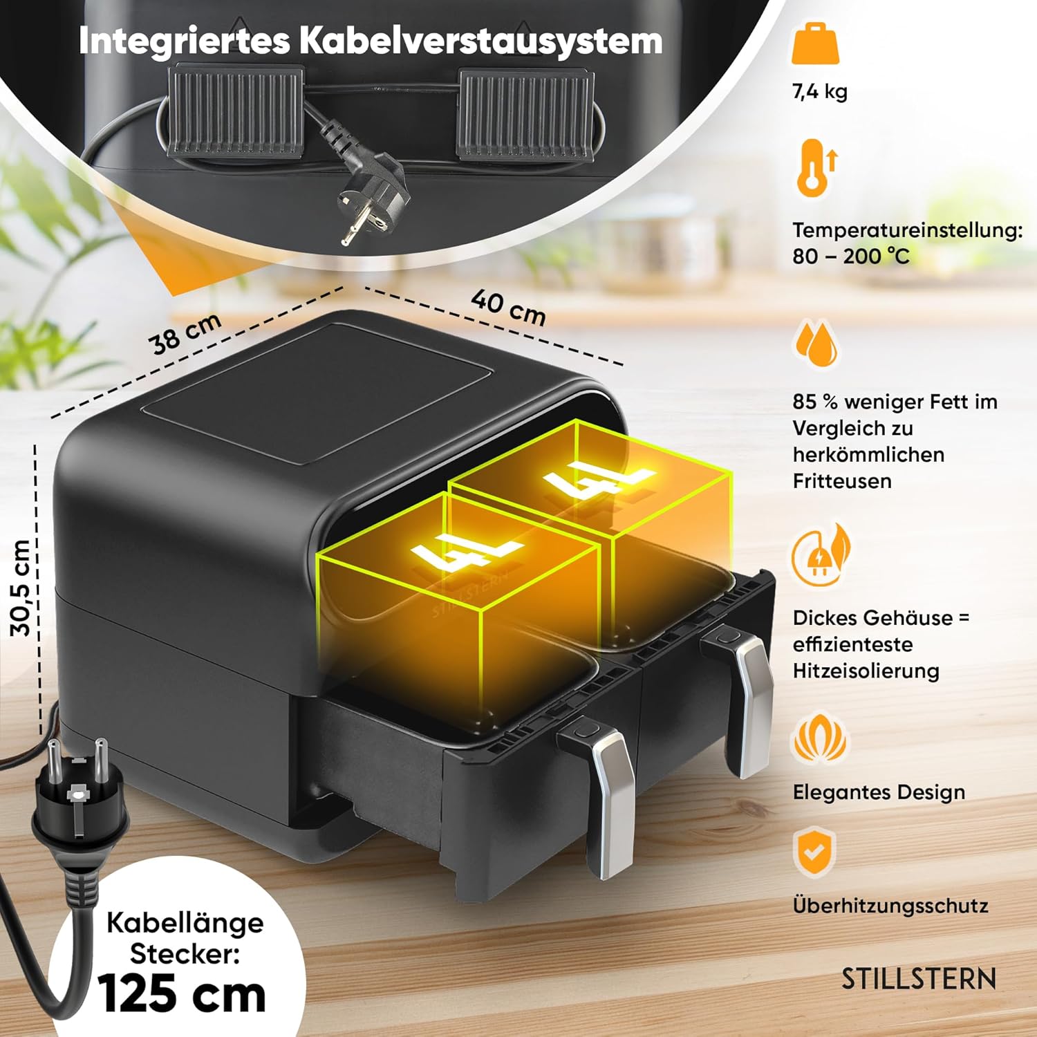 Stillstern Heißluftfritteuse 2 Kammern 8L Dual Zone Airfryer XXL, 2400W, Ausgezeichnet 1,2 (Sehr Gut), Fritteuse Air Fryer, Rezeptbuch, Auftauen&Warmhalten Heissluftfritteuse Doppelkammer, Air Fryers