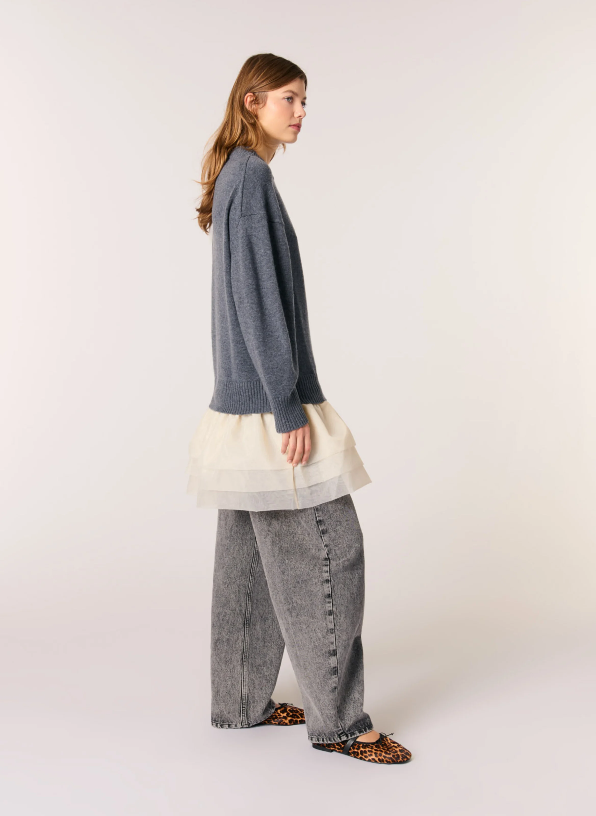 Robe courte col rond en laine mélangée | Gris