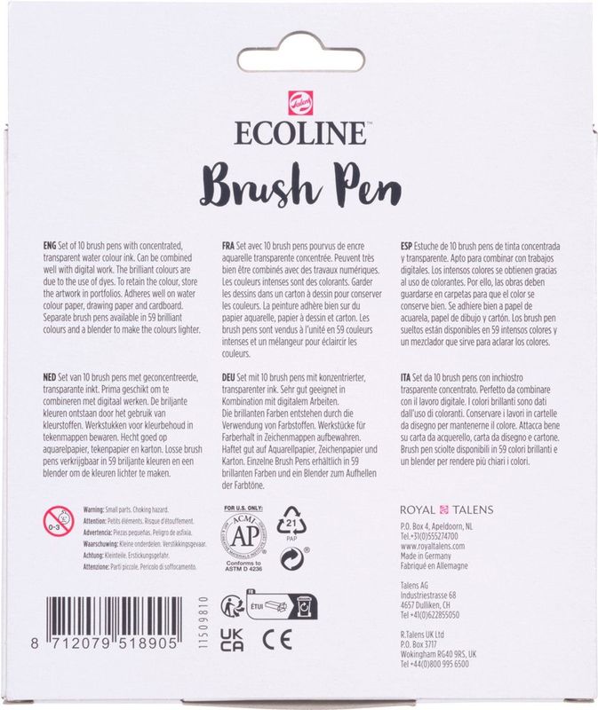 Ecoline - Brush Pen Set - 10 Kleuren - Kleurstofbasis - Flexibele Punt