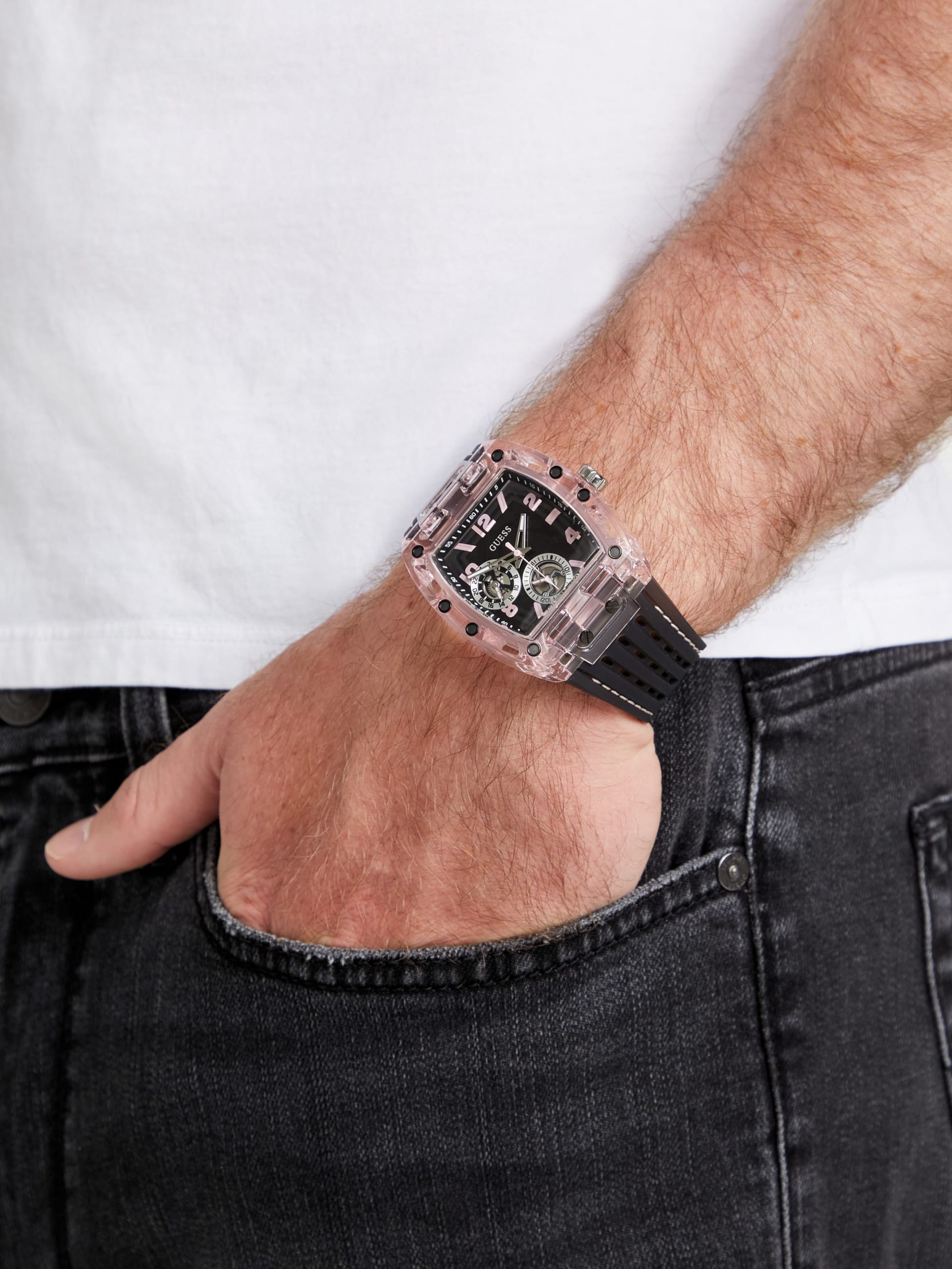 Relógio multifuncional de silicone transparente e preto