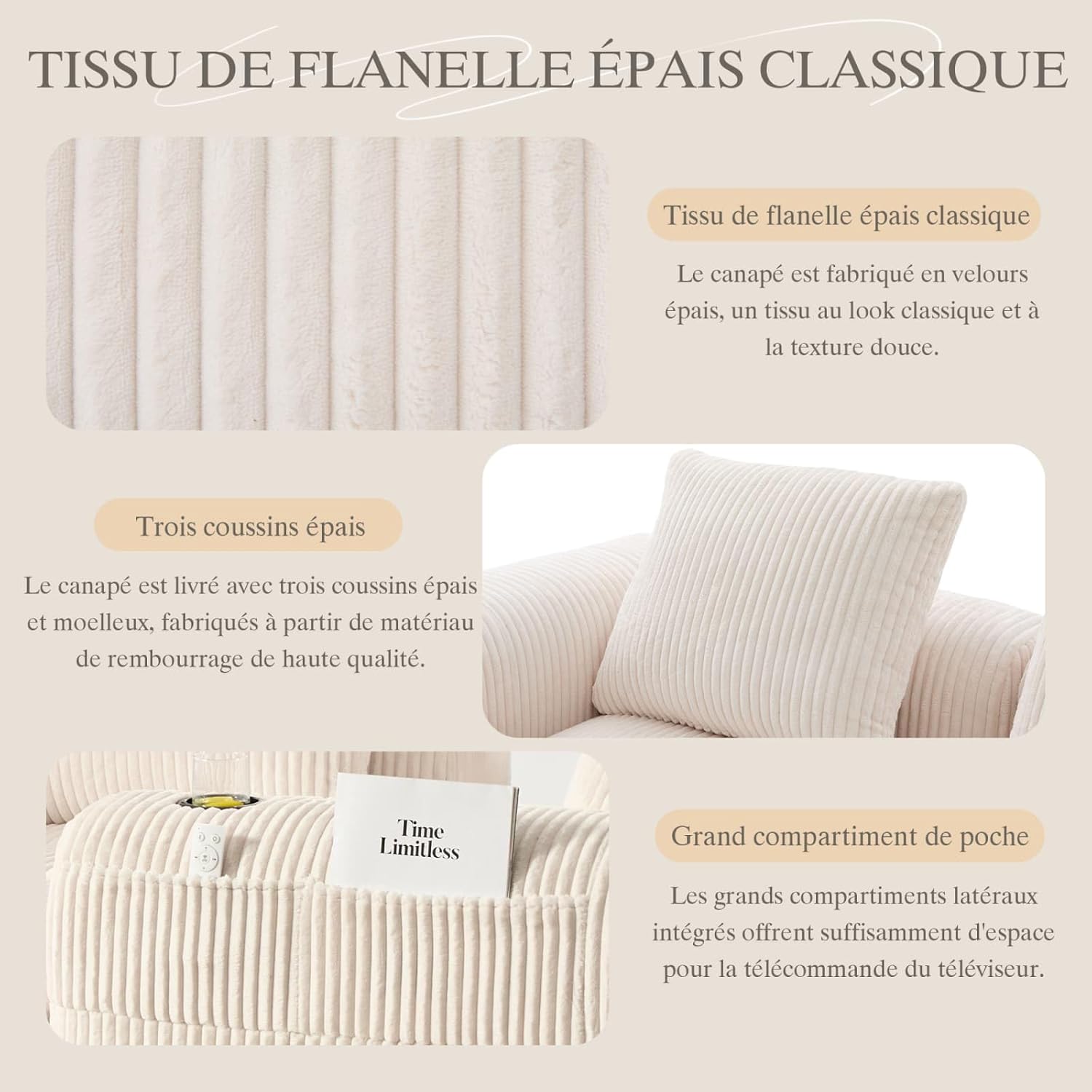 Canapé en Velours côtelé Moderne avec 3 Coussins, 2 Poches latérales, Canapé de Loisirs Modular 4 Places avec 2 Porte-gobelet, Canapé d'angle pour Salon, Bureau (Beige) FE3519670