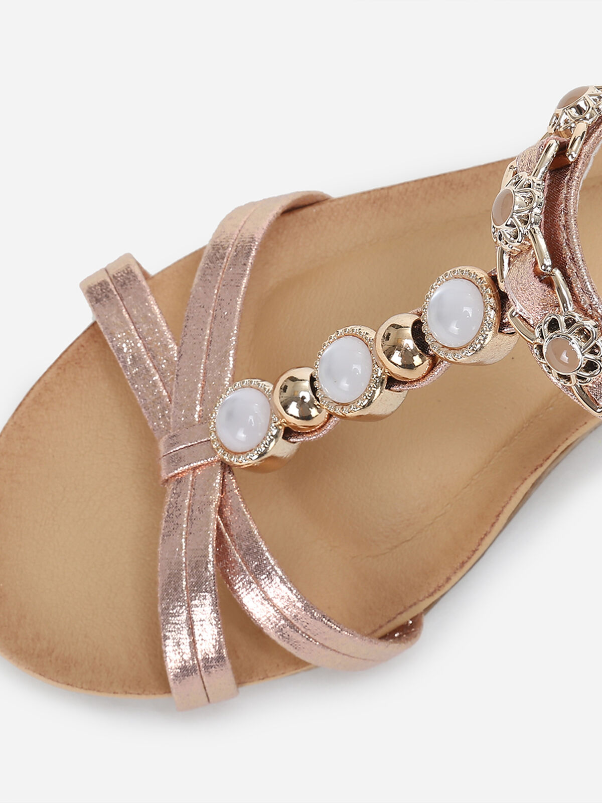 Sandales compensées rose doré à perles dorées Doré rose- Doré rose