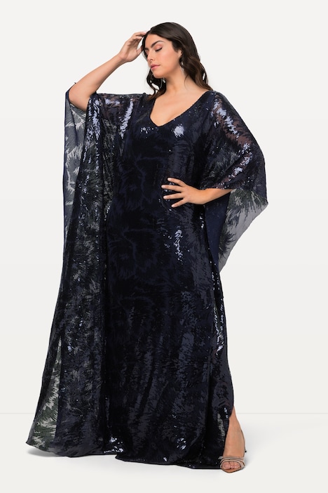Cape-Kleid, doppellagig, Pailletten, V-Ausschnitt, 3/4-Arm