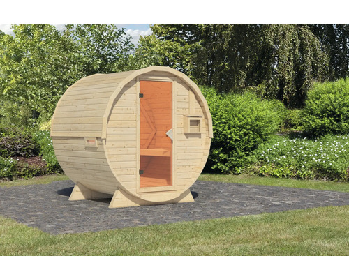 Karibu Rondi barrelsauna zonder oven, met houten deur en geïsoleerd glas, warmte-geïsoleerd